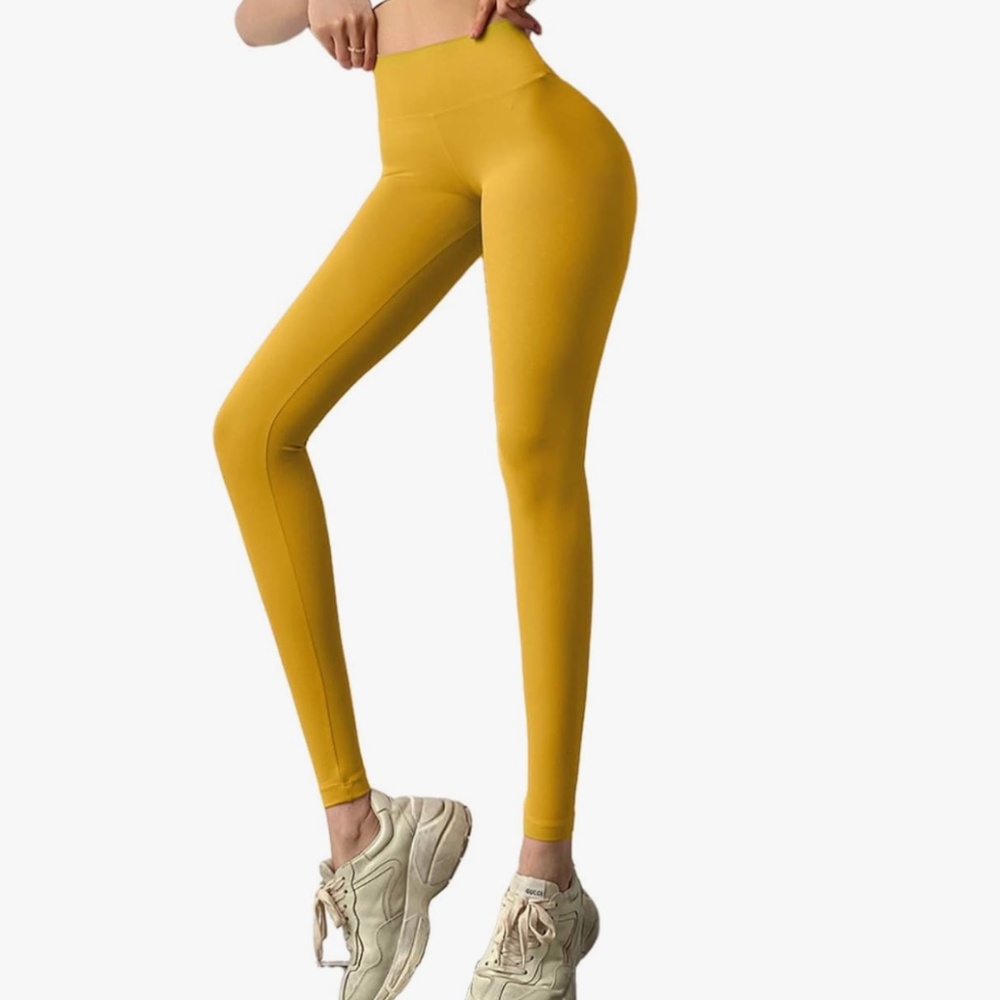 ayreus Womens Workout Leggings Scrunch Butt Tummy Control Yoga Pants Gold Yellow